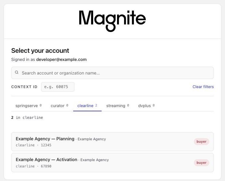 Magnite account picker showing the ClearLine tab and two fictional buyer accounts, with search and Context ID filters.