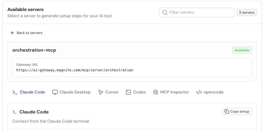 Orchestration selected in the server directory, with client tabs and a gateway URL.
